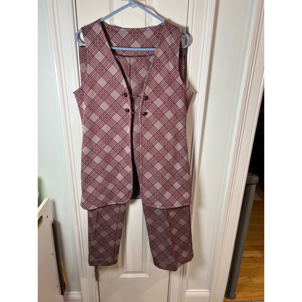 Vintage Caper-Mates Plaid Vest and Pants Set Red White Knit 2 Piece Size 14